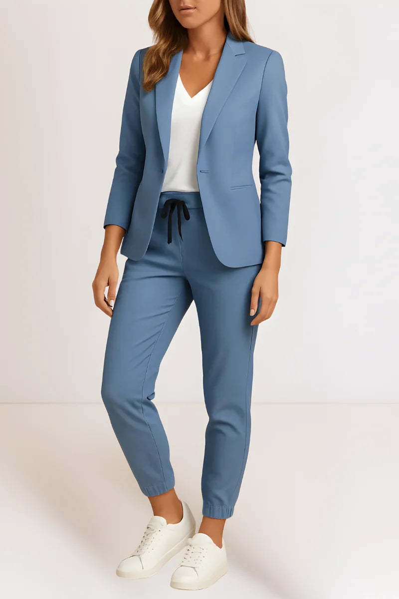 Women's blazer and trousers set with drawstring waist in light blue