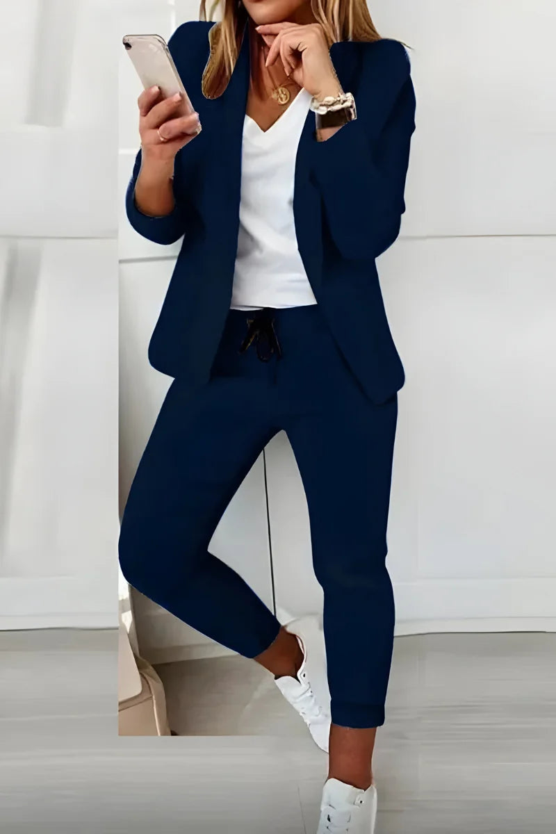 Women's blazer and trousers set with drawstring waist in navy