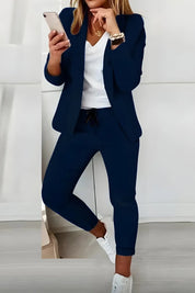 Women's blazer and trousers set with drawstring waist in navy