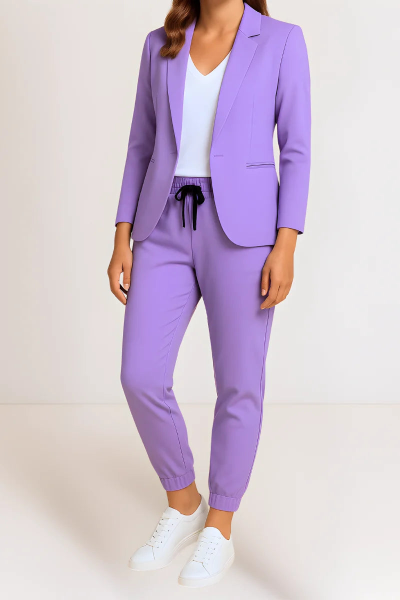 Women's blazer and trousers set with drawstring waist in purple