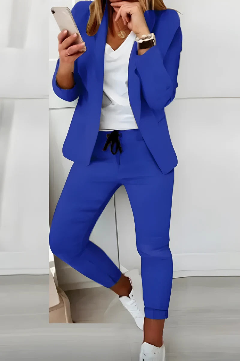 Women's blazer and trousers set with drawstring waist in royal blue