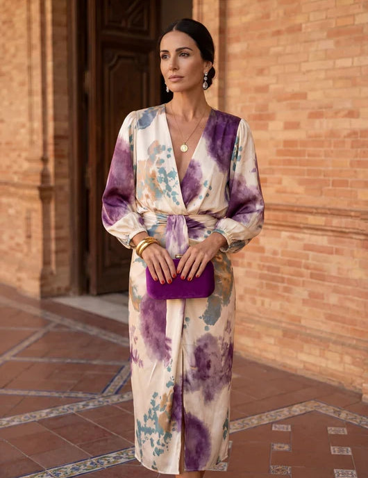 Women's blouse and midi skirt set in purple floral with wrap V-neck