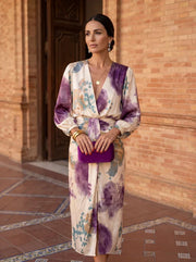 Blouse and midi skirt set for women in purple floral with wrap V-neck