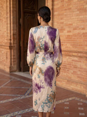 Women's blouse and midi skirt set in purple floral with wrap V-neck