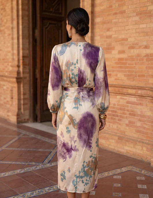 Women's blouse and midi skirt set in purple floral with wrap V-neck
