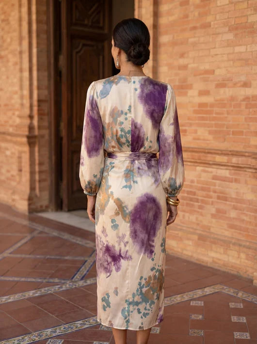 Women's blouse and midi skirt set in purple floral with wrap V-neck