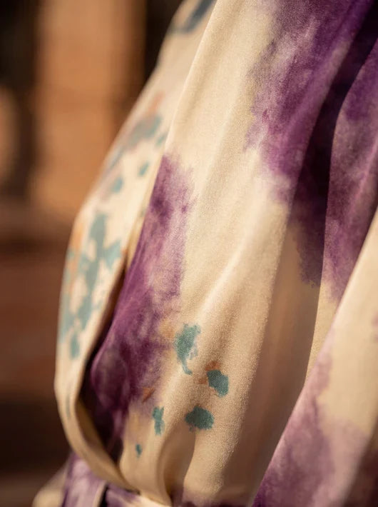 Women's blouse and midi skirt set in purple floral with wrap V-neck