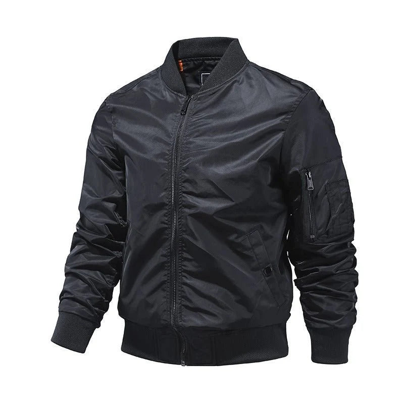 Men's bomber jacket with windproof shell and zip sleeve pocket in black