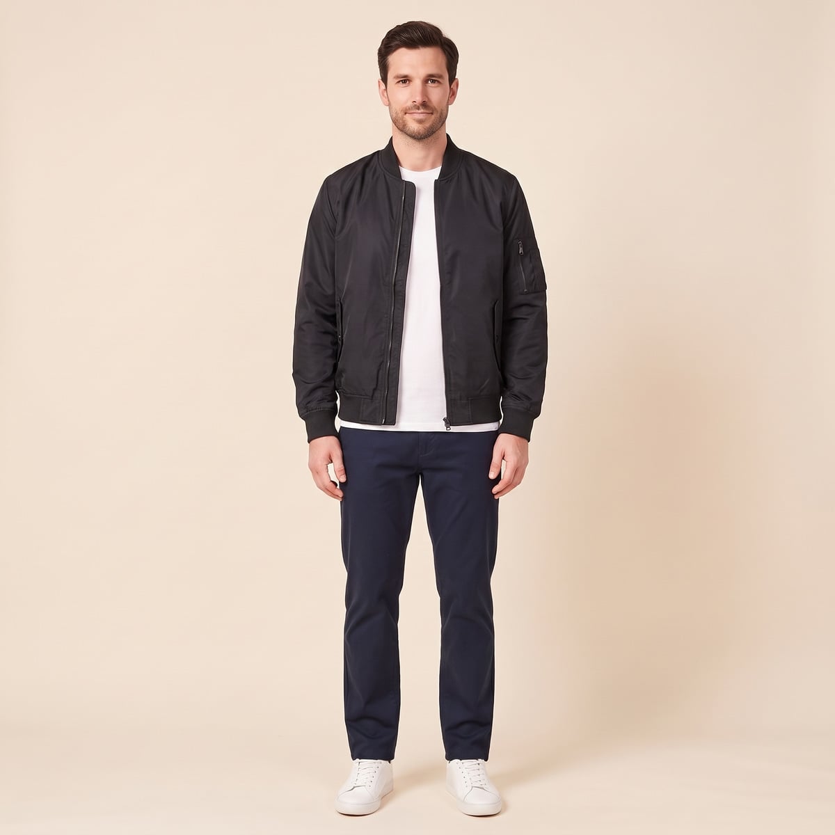Men's bomber jacket with windproof shell and zip sleeve pocket in black