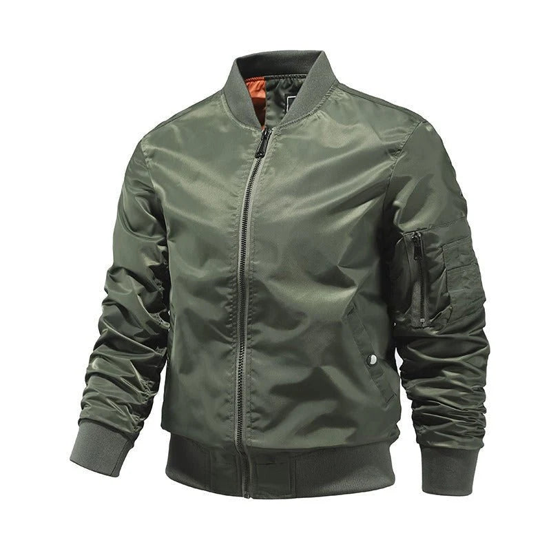 Men's bomber jacket with windproof shell and zip sleeve pocket in green