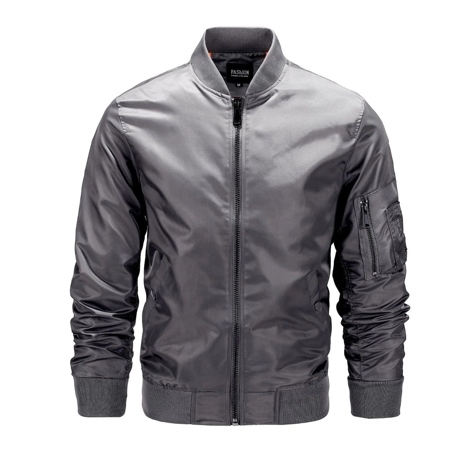 Men's bomber jacket with windproof shell and zip sleeve pocket in grey