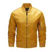 Men's bomber jacket with windproof shell and zip sleeve pocket in mustard