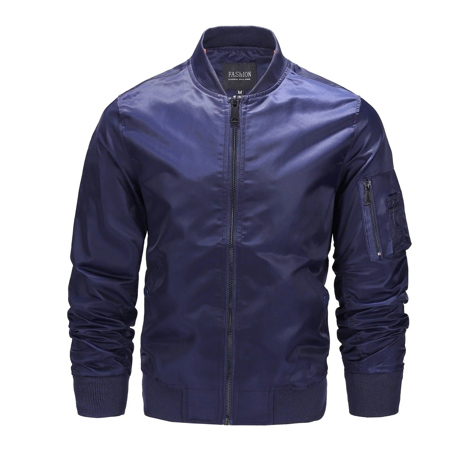 Men's bomber jacket with windproof shell and zip sleeve pocket in navy