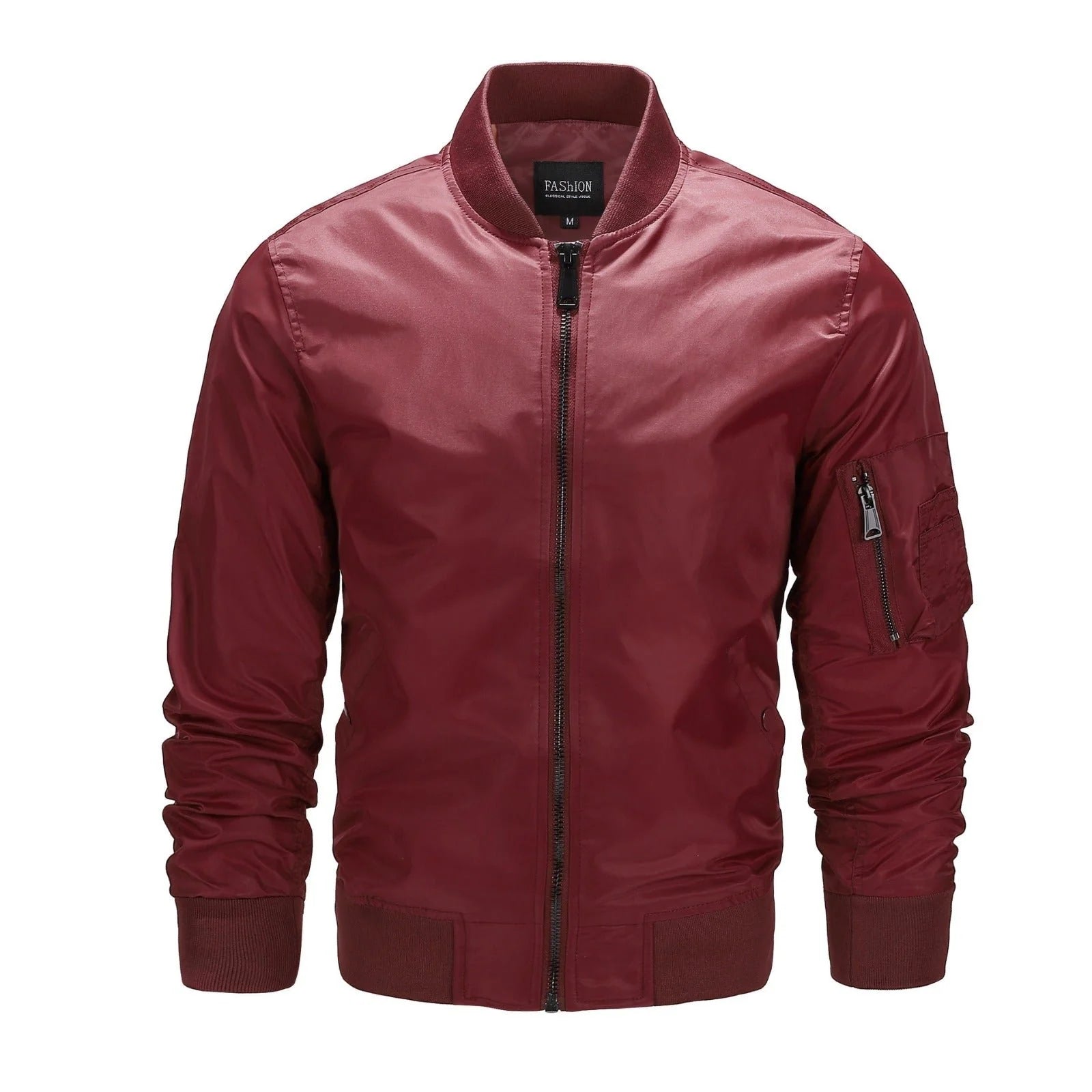 Men's bomber jacket with windproof shell and zip sleeve pocket in red