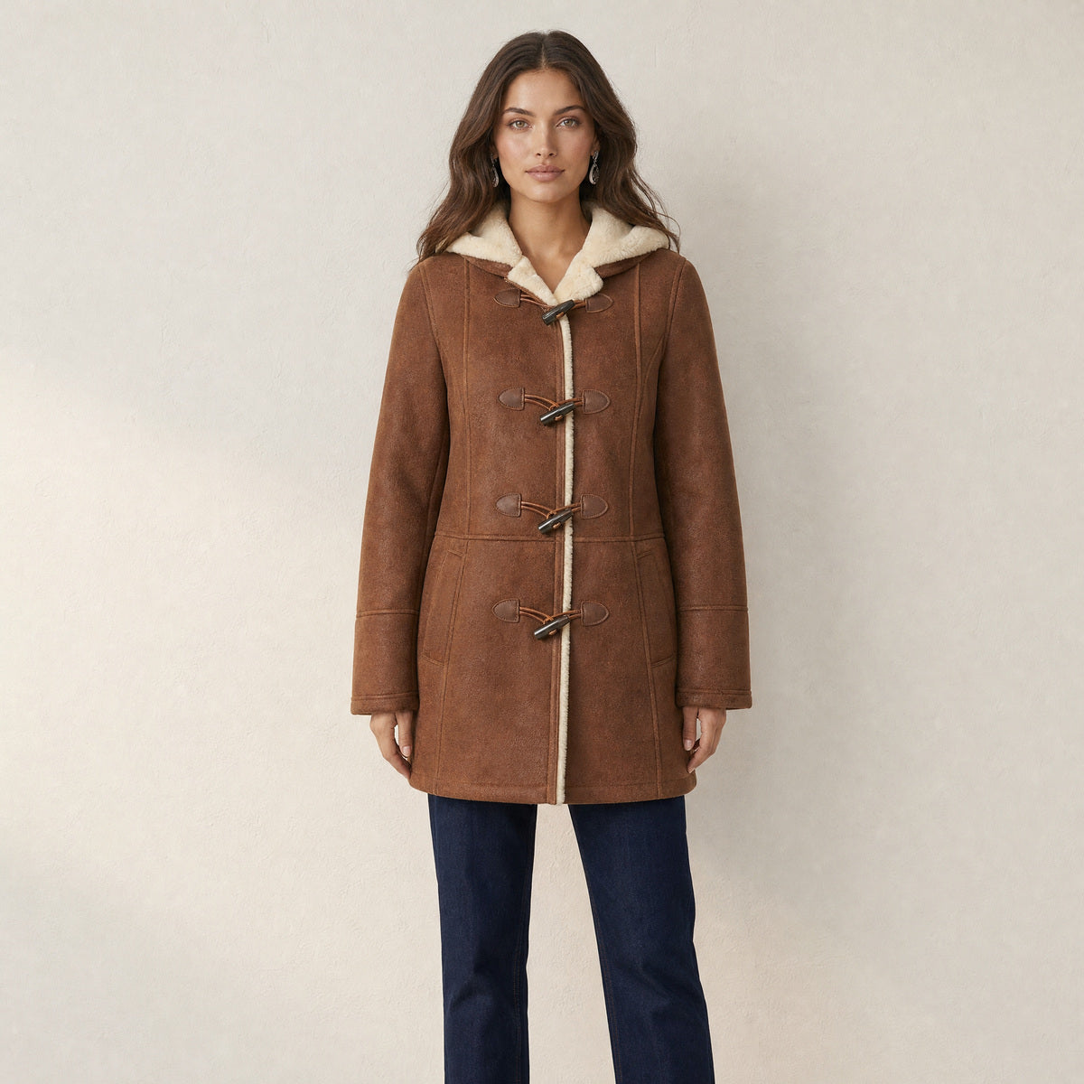 Model in bruine suède-look winterjas met teddyvoering, capuchon en houtjes-touwtjessluiting