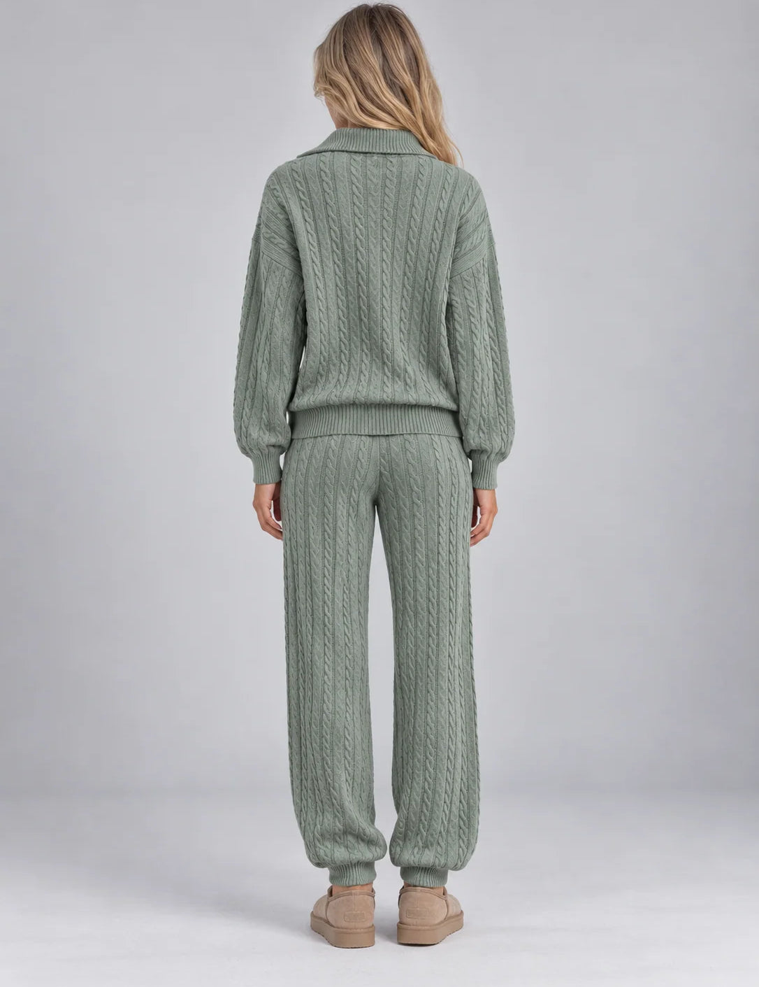 Women's cable knit co-ord set with zip cardigan and joggers