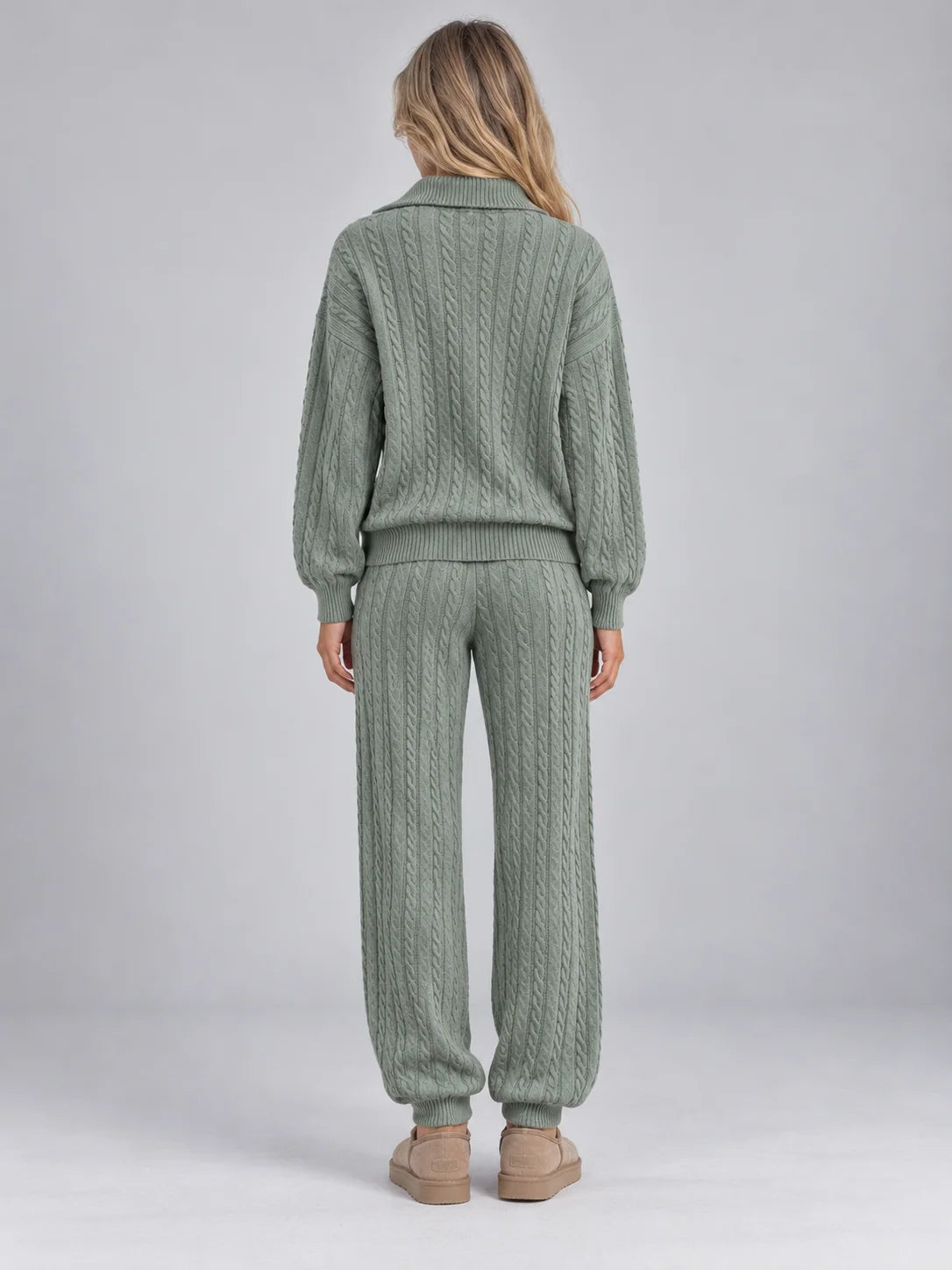 Women's cable knit co-ord set with zip cardigan and joggers