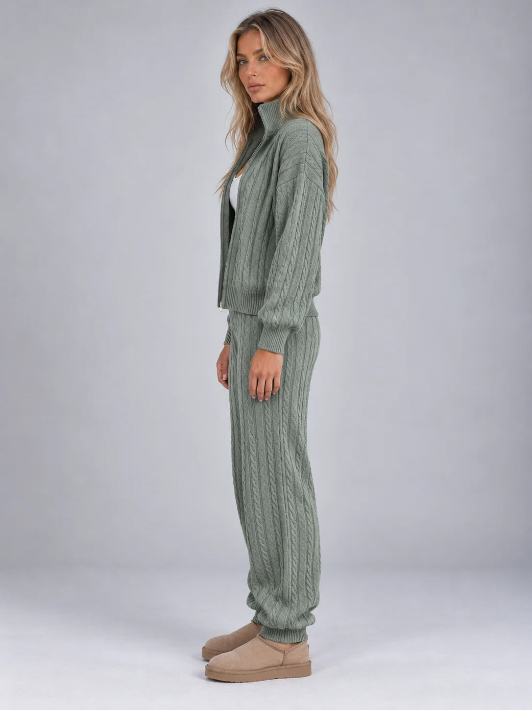 Women's cable knit co-ord set with zip cardigan and joggers