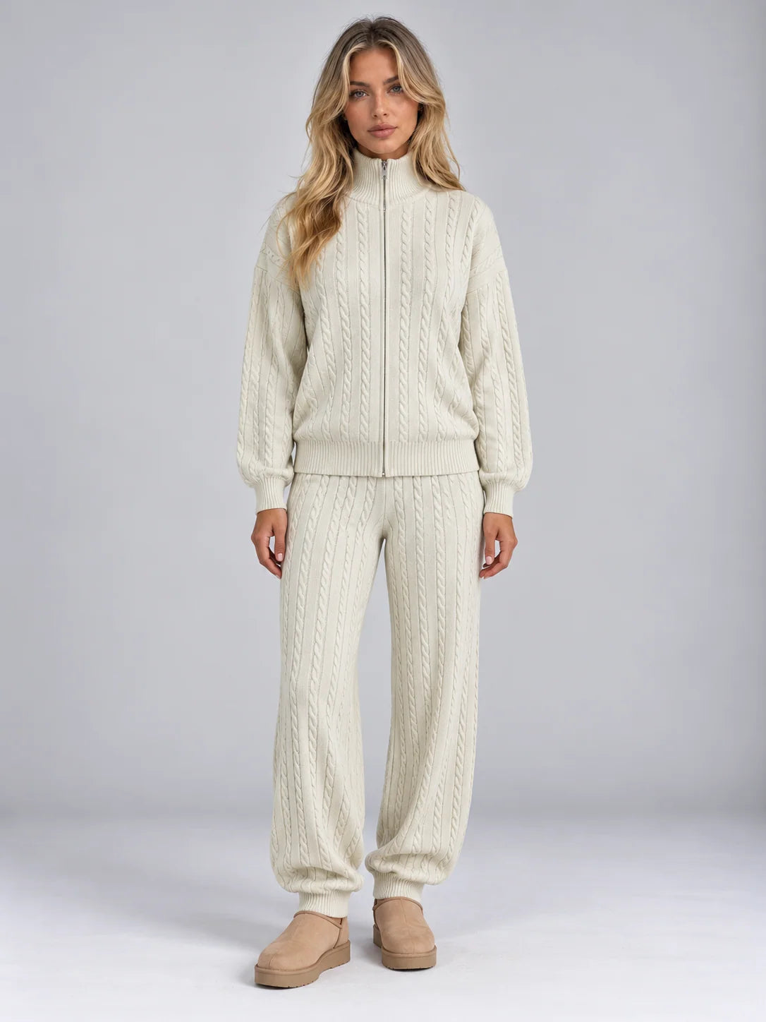 Women's cable knit co-ord set with zip cardigan and joggers in cream