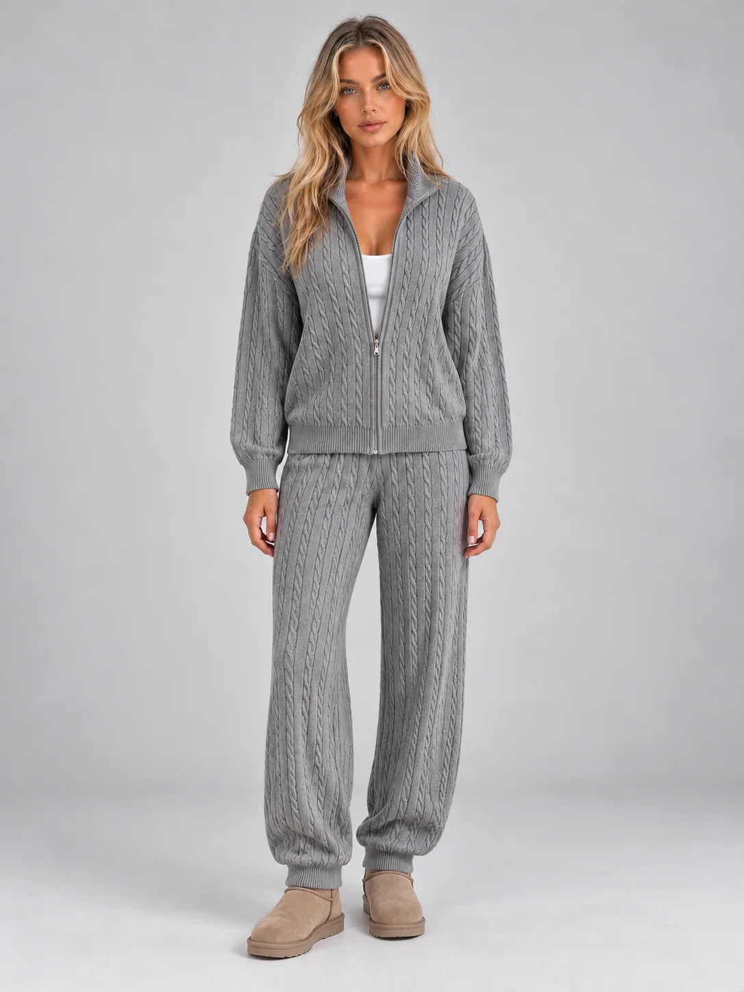 Women's cable knit co-ord set with zip cardigan and joggers in grey
