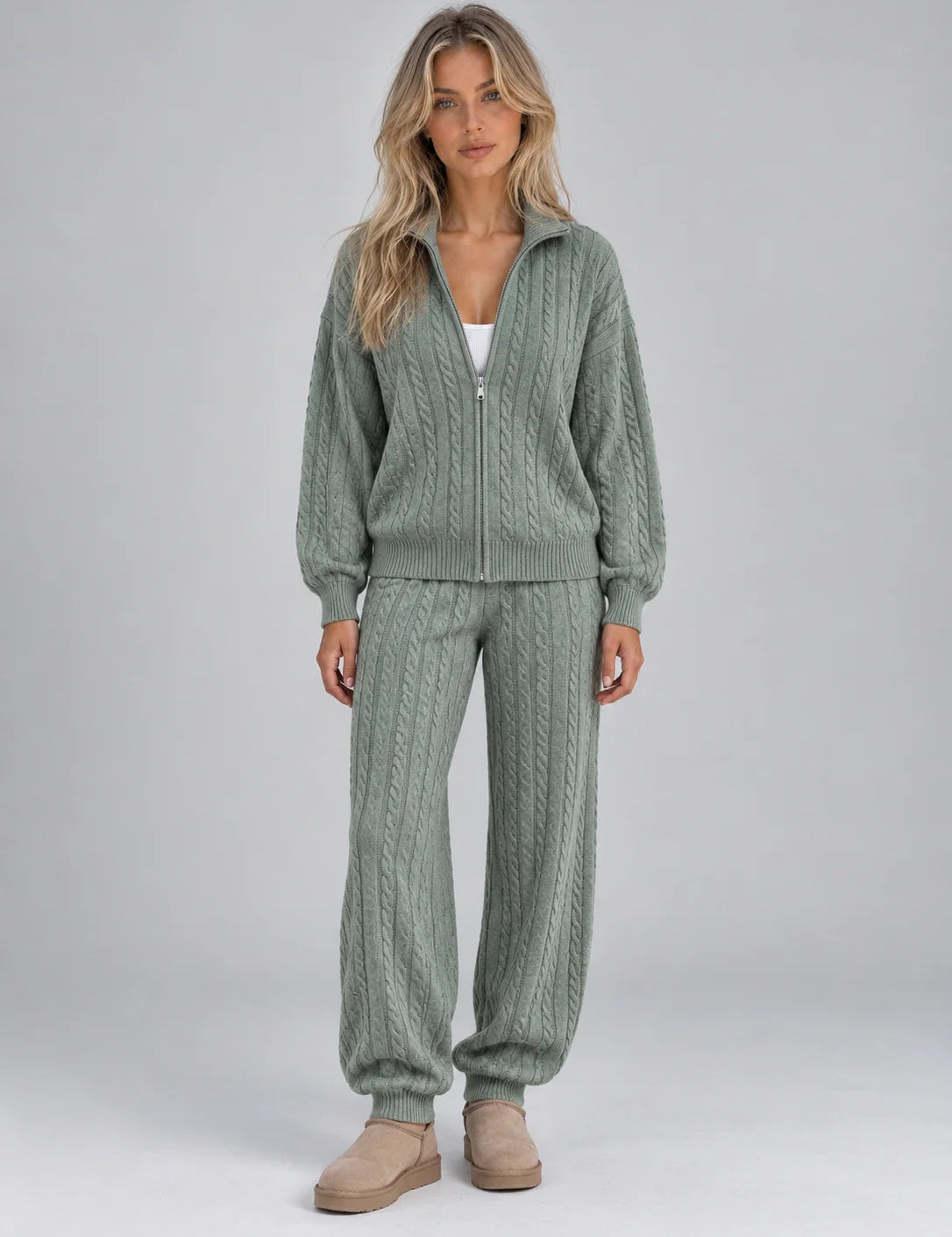 Women's cable knit co-ord set with zip cardigan and joggers in sage green