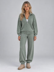 Women's cable knit co-ord set with zip cardigan and joggers in sage green