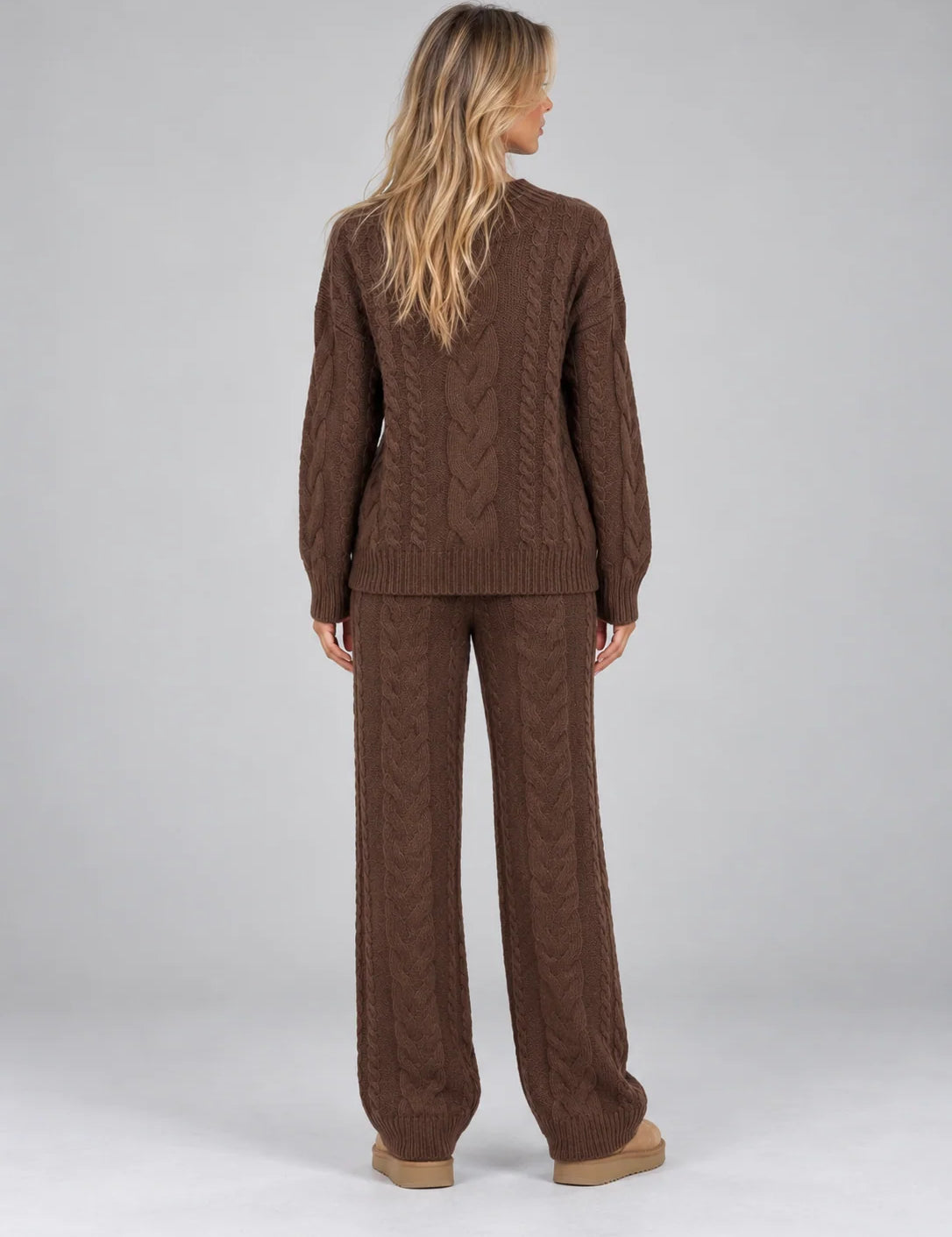 Women's cable knit set with crew neck jumper and wide leg trousers