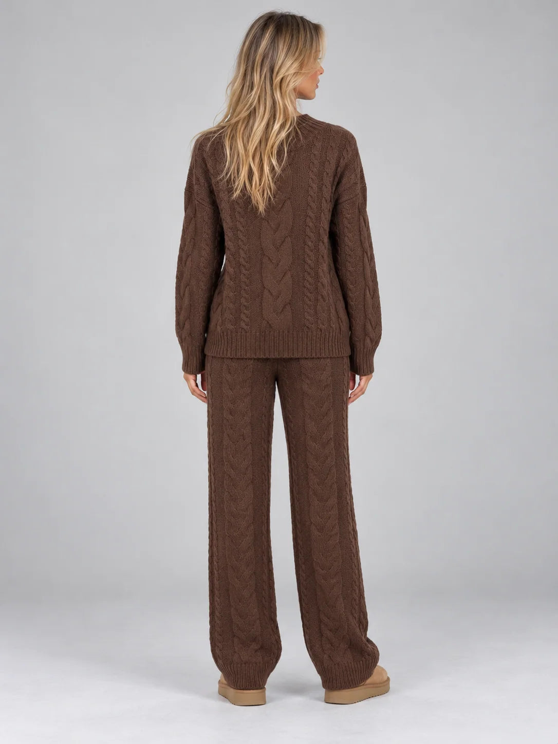 Women's cable knit set with crew neck jumper and wide leg trousers