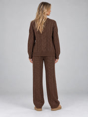 Women's cable knit set with crew neck jumper and wide leg trousers