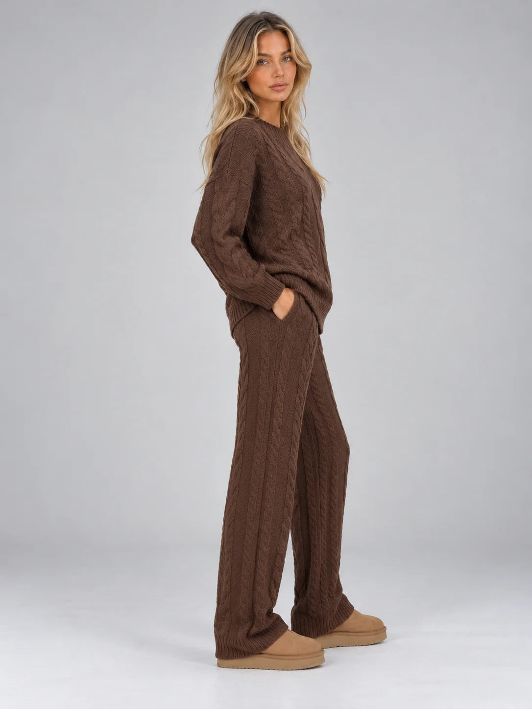Women's cable knit set with crew neck jumper and wide leg trousers