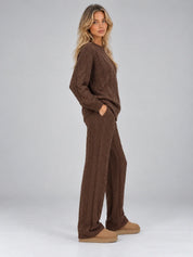 Women's cable knit set with crew neck jumper and wide leg trousers