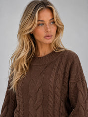 Women's cable knit set with crew neck jumper and wide leg trousers