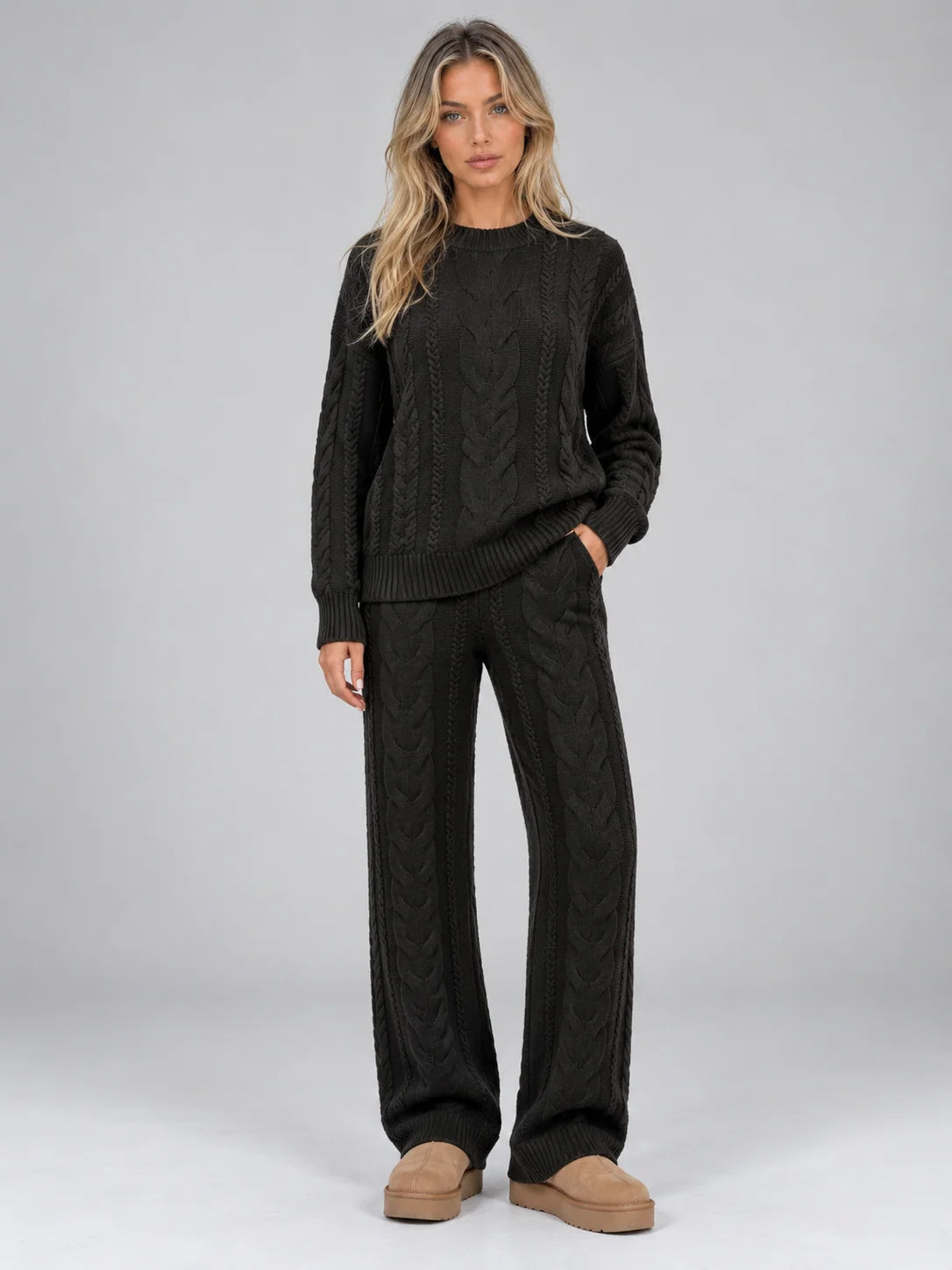 Women's cable knit set with crew neck jumper and wide leg trousers in black