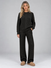 Women's cable knit set with crew neck jumper and wide leg trousers in black