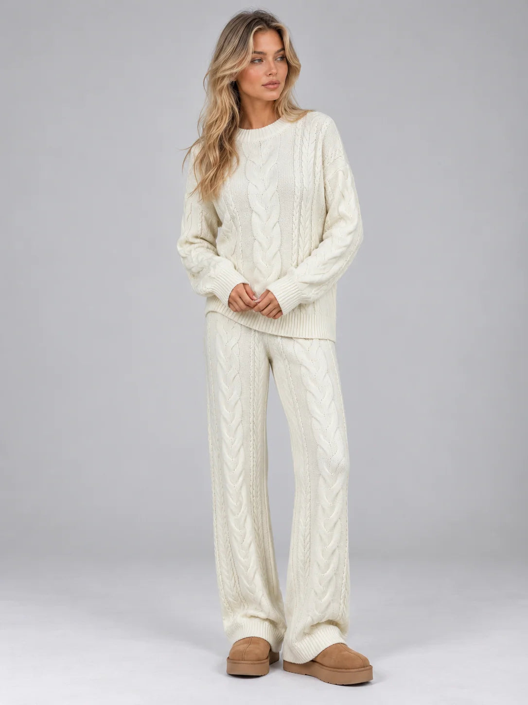 Women's cable knit set with crew neck jumper and wide leg trousers in cream