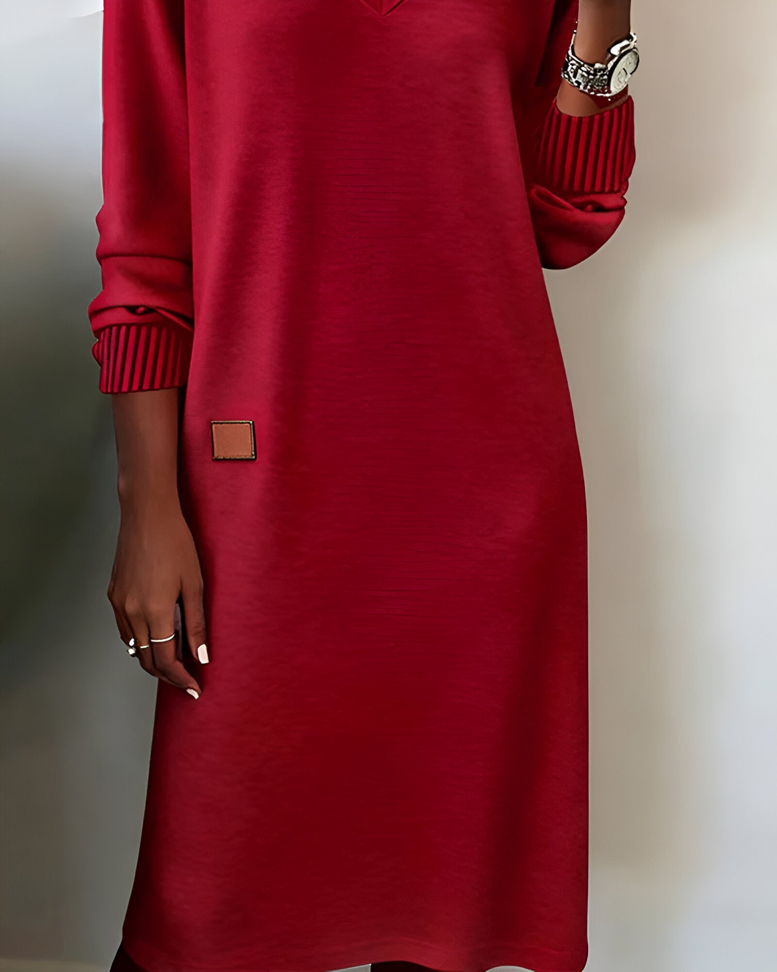 Gebreide jurk dames midi met V-hals en lange mouwen