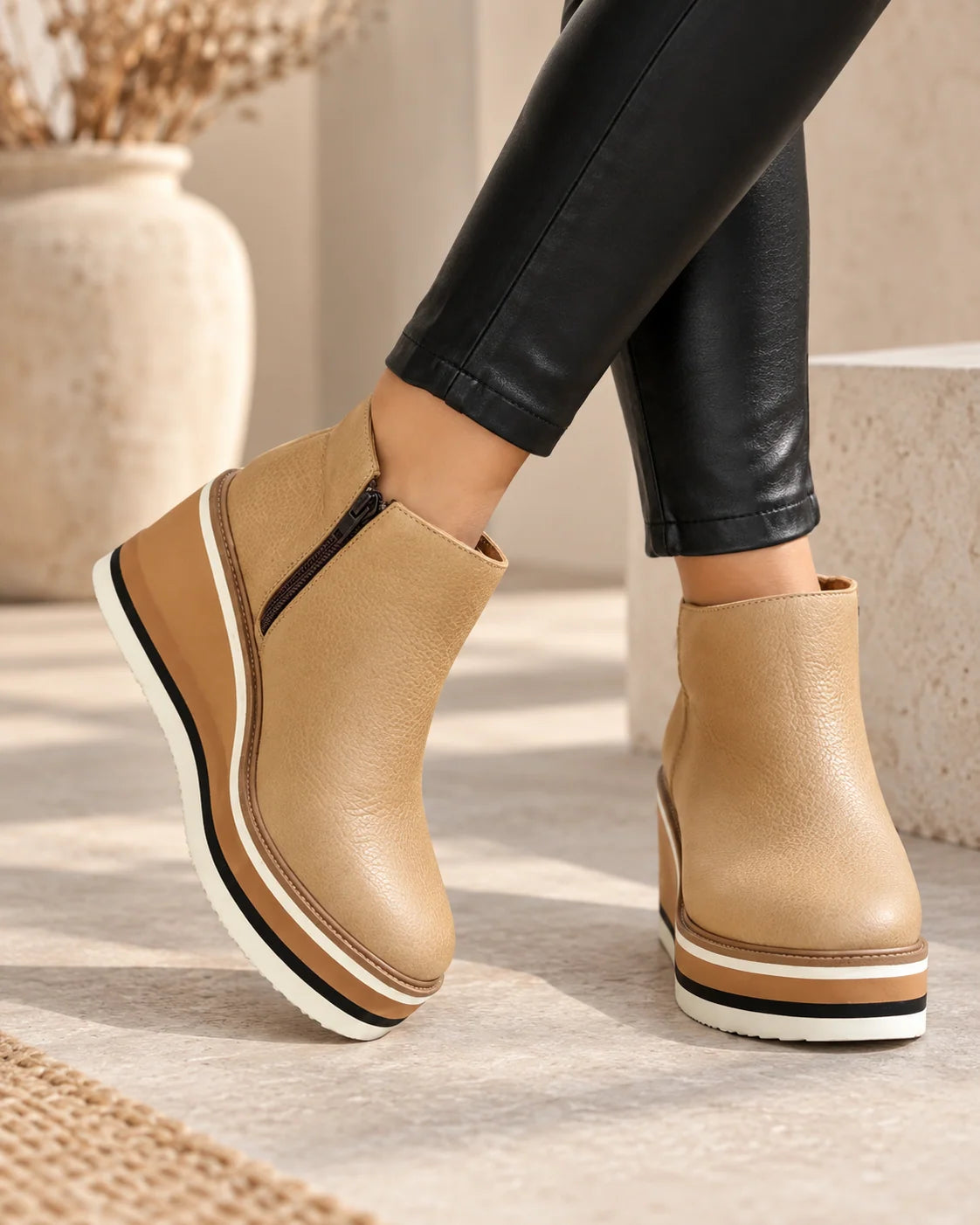 Women's Chelsea ankle boots with platform wedge and wide toe box in beige