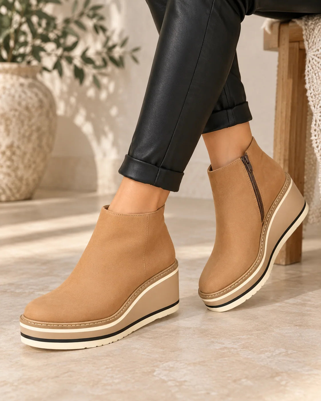 Women's Chelsea ankle boots with platform wedge and wide toe box in light brown