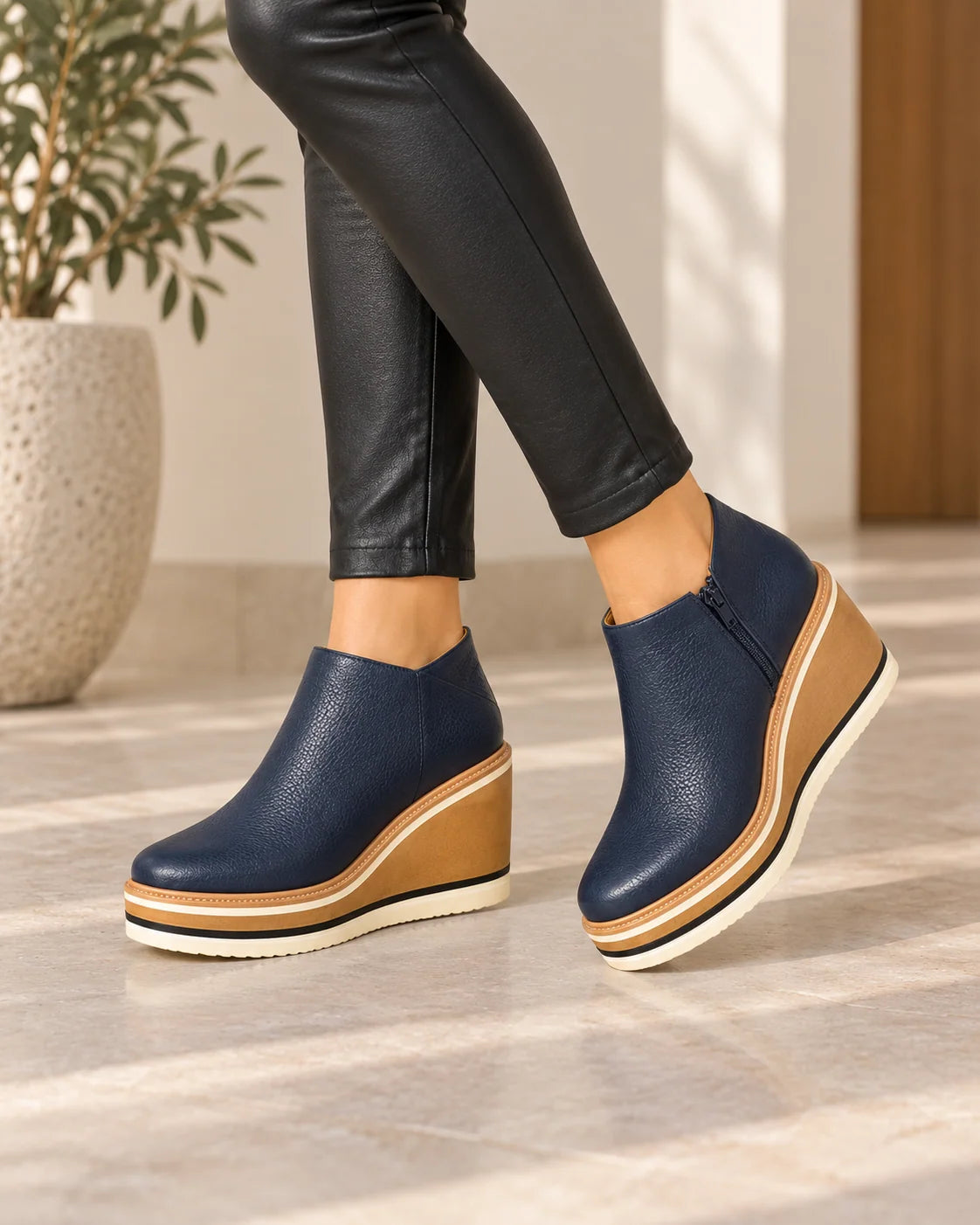 Women's Chelsea ankle boots with platform wedge and wide toe box in navy