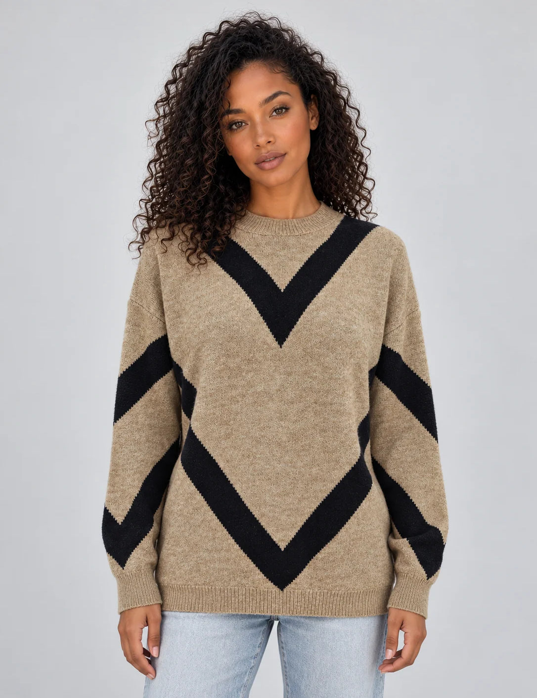 Women's chevron knit jumper in camel and black with crew neck