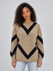 Chevron knit jumper for women in camel and black with crew neck