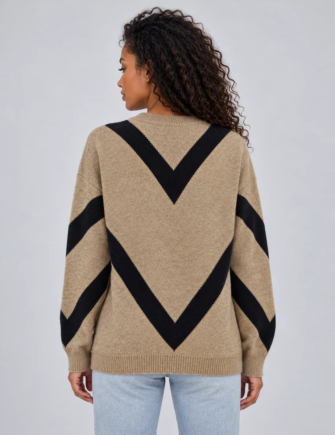 Women's chevron knit jumper in camel and black with crew neck