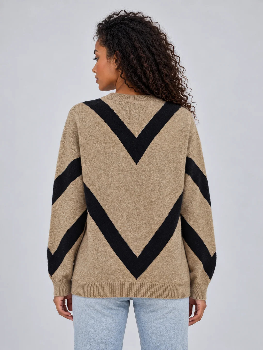 Women's chevron knit jumper in camel and black with crew neck