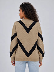 Women's chevron knit jumper in camel and black with crew neck