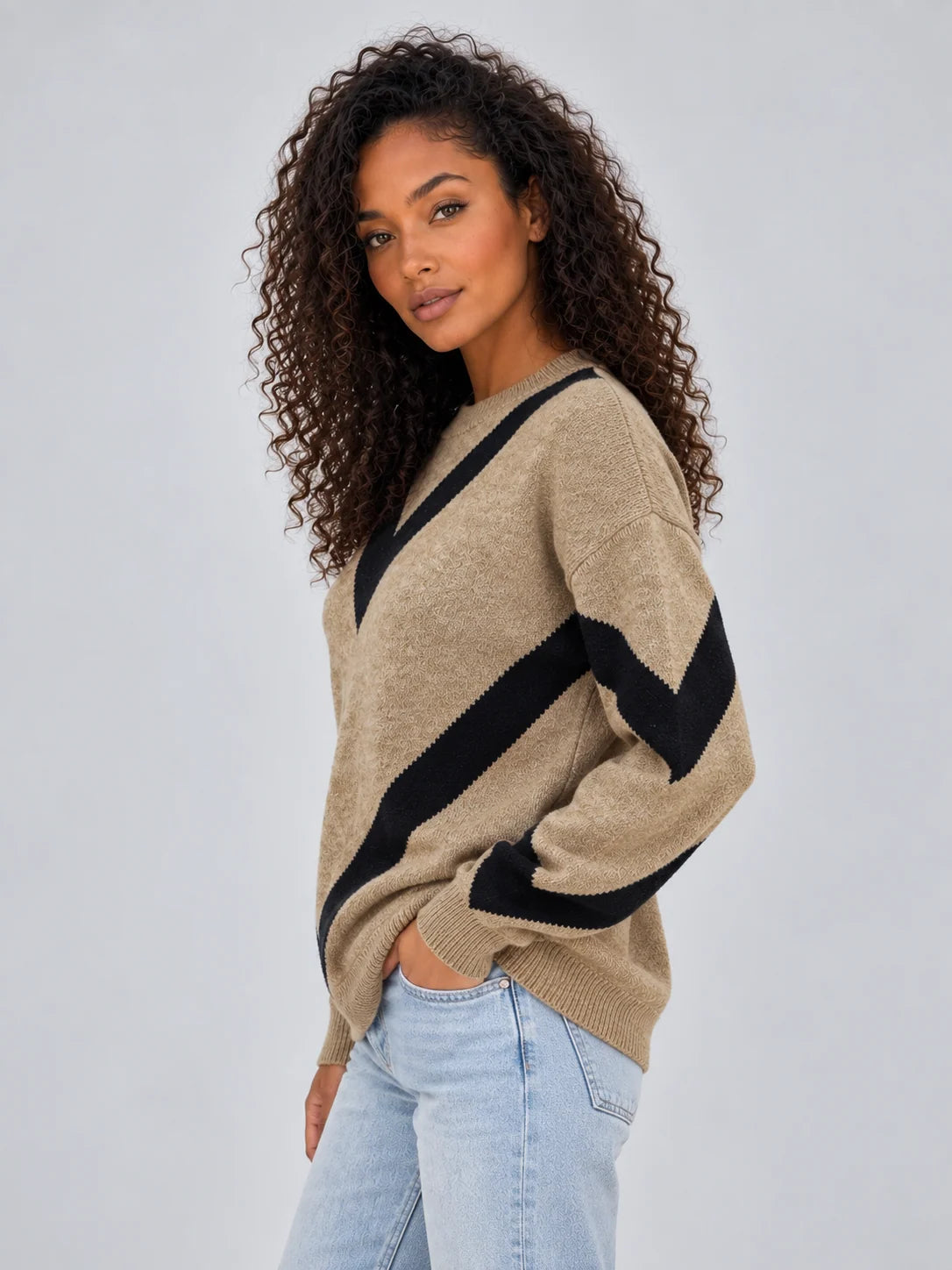 Women's chevron knit jumper in camel and black with crew neck
