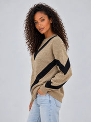 Women's chevron knit jumper in camel and black with crew neck