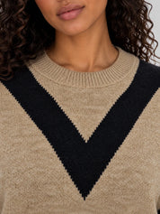 Women's chevron knit jumper in camel and black with crew neck