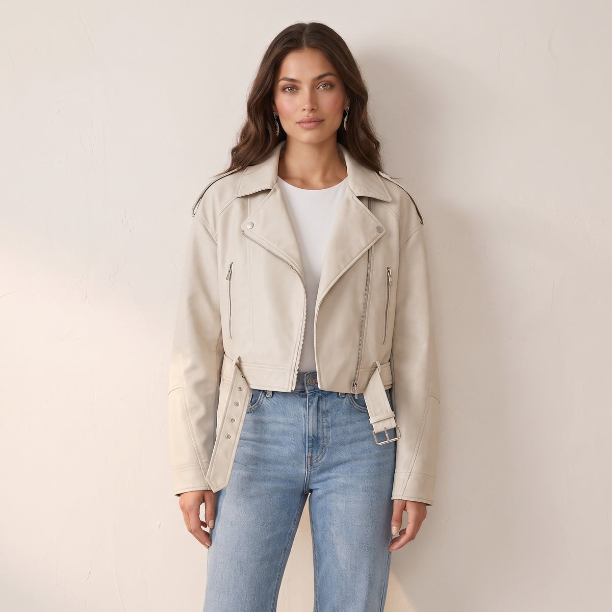 Women's cropped faux leather jacket with belt and asymmetric zip in beige