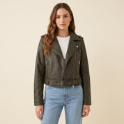 Women's cropped faux leather jacket with belt and asymmetric zip in olive