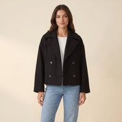 Women's cropped wool peacoat with double-breasted button front in black